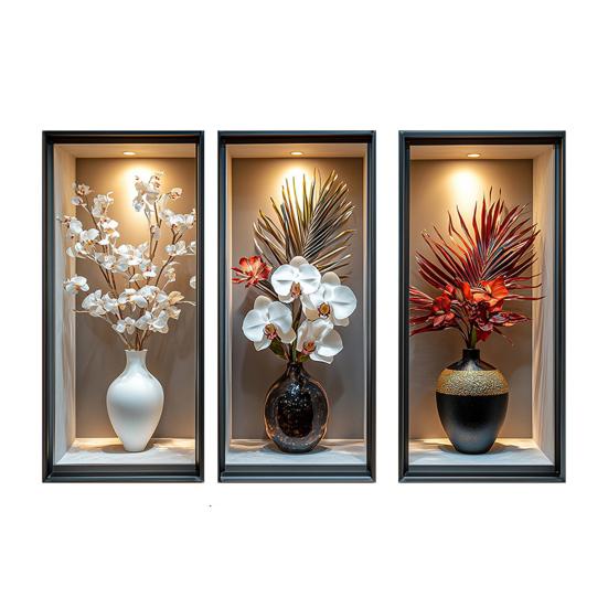 3Pcs 3D Flower Wall Stickers, Realistic Flowers Vase Wall Decals, Waterproof Self-Adhesive Potted Plants Stickers, Greenery Wall Stickers for Living C