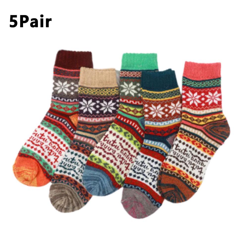 

1PCS Knitted Wool Socks 5 Pairs Winter Warm Thickened Thermal Socks Ethnic Style Retro Pattern Calf Length Soft Comfortable