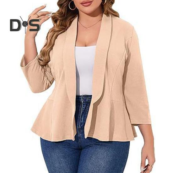 Plus Size Women Suit Coat Lapel Long Sleeve Ruffle Hem Open Front Suit Jacket Solid Color Versatile Business Outerwear