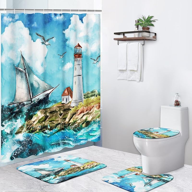 4 Pcs Shower Curtain Sets, Cute Unicorn Mermaid Cub Kids Rainbow Waterproof Bathroom Sets with Non-Slip Rugs, Toilet Lid Cover and Bath Mat,