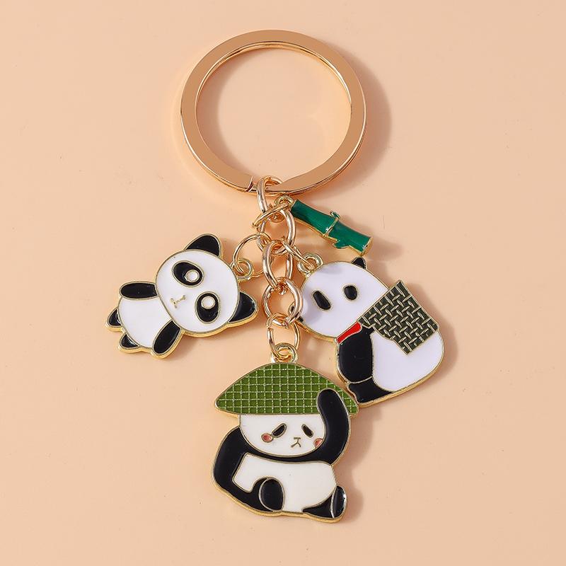 Cute Enamel Animal Panda Key Chain Bamboo Key Ring Pendant for Women Girl Handbag Decor DIY Handmade Jewelry Gift