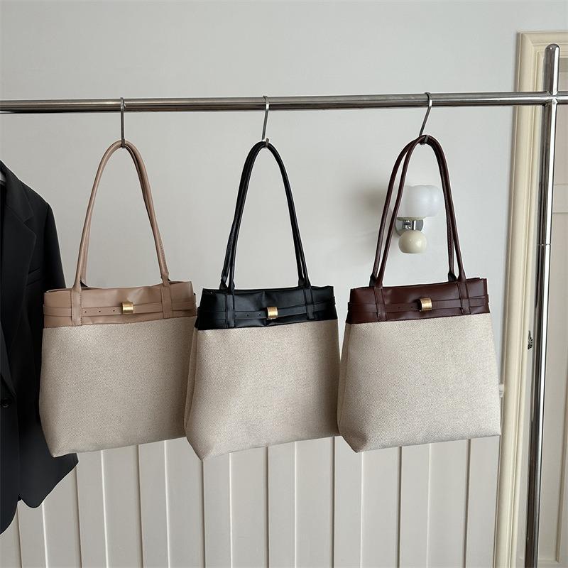Large-capacity Canvas Contrasting Color Tote Bag, New Fashionable and Simple Portable Shoulder Bag, Commuter Bag, Women's Bag