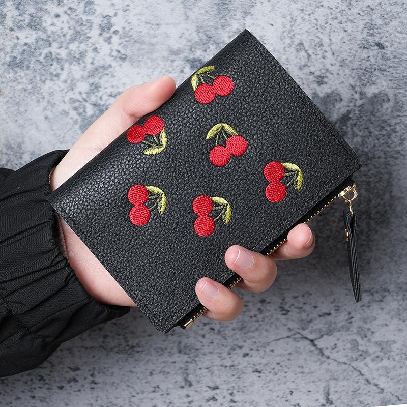Cute Cherry Embroidered Small Short Wallet Simple Wallet Girls Multi-Cards Holder Coin Zipper Purse for Women