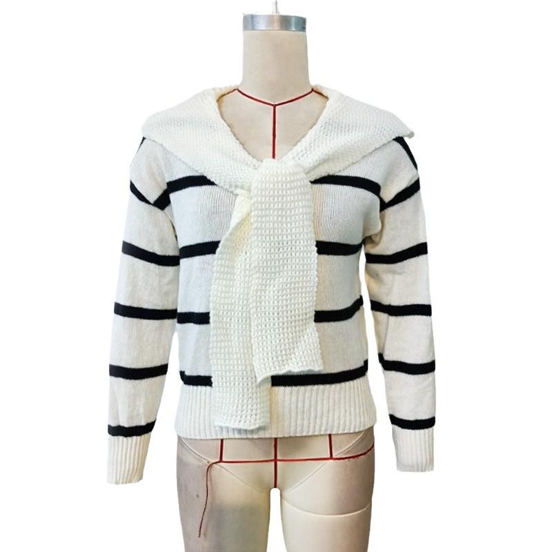 Women's Striped Splicing Long Sleeve Temperament V-Neck Casual Knitwear