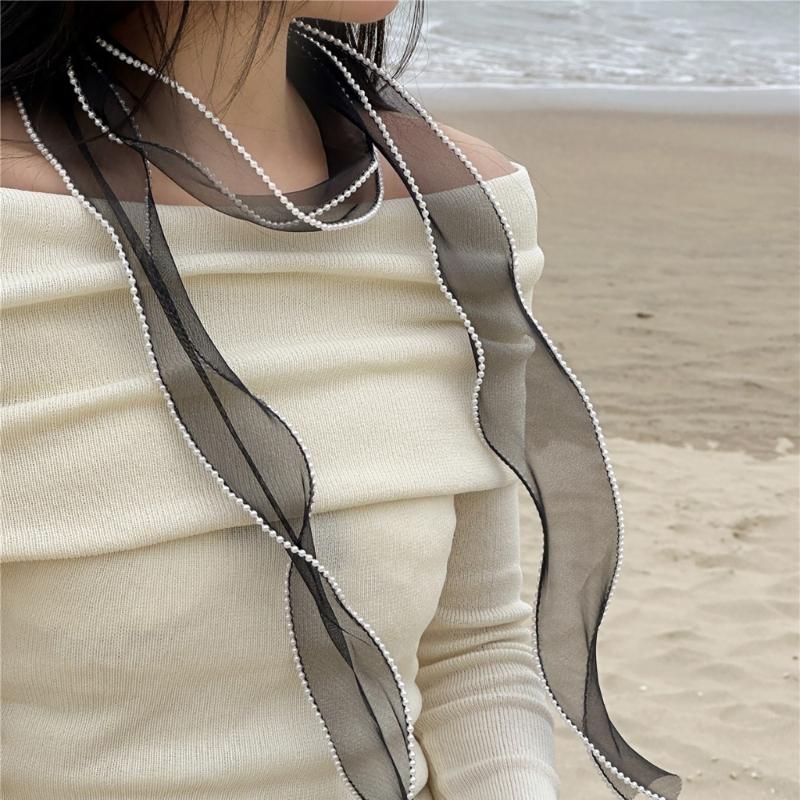 Beaded Trim Lace Scarf Decorative Hair Scarf Elegant Neckwear for Teens Girl Lace Tied Hair Scarf Neckwear Ribbon Scarf