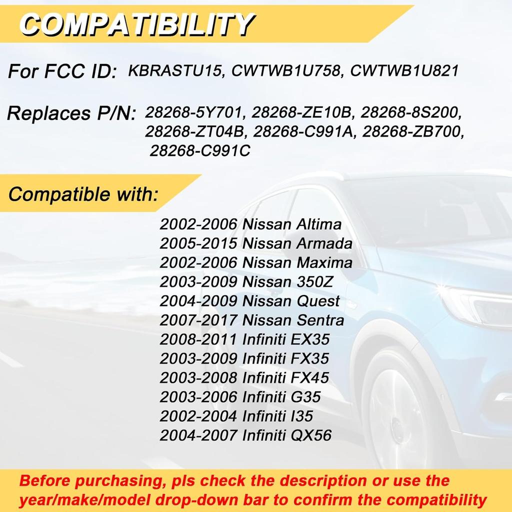 Key Fob Replacement for 2005-2015 Nissan Armada/ 07-17 Sentra/ 02-06 Altima Maxima/ 03-09 350Z/ 04-09 Quest/ 03-09 Infiniti FX35/ 08-11 EX35/ 03-08