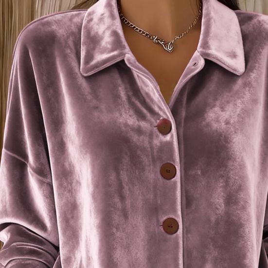 Women Shirt Lapel Long Sleeve Velvet Texture Solid Color Shirt Tops Loose Fit Buttons Placket Commuter Tops Work Wear