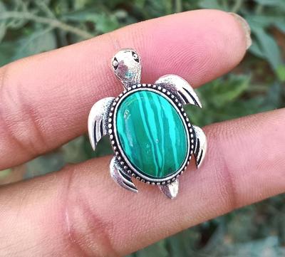 Malachite Gemstone 925 Sterling Silver Plated Tortoise Pendant