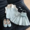 2026 Girls' Fresh Summer Polo Collar Sleeveless Pleated Shorts Set