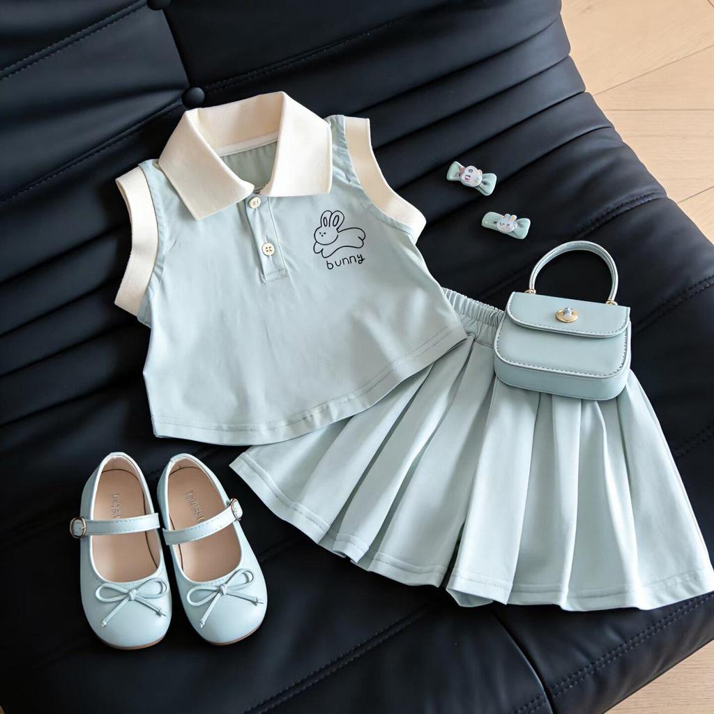 2026 Girls' Fresh Summer Polo Collar Sleeveless Pleated Shorts Set