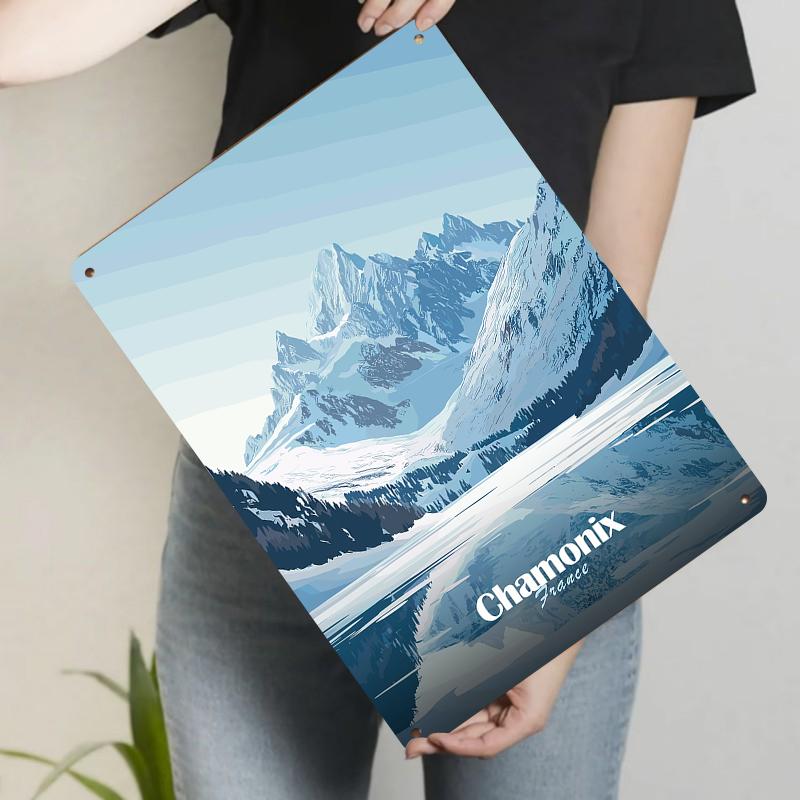 

Chamonix France Snow Mountain Lake Landscape Metal Wall Art Home Decor Vintage Iron Painting 20x30cm（7.8x11.8inch）