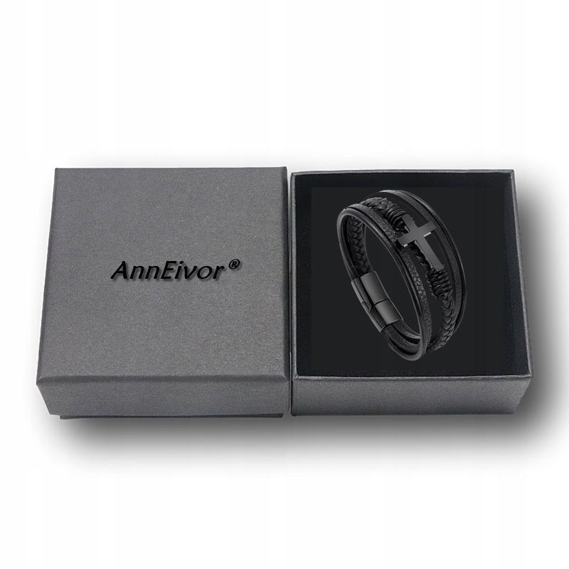 Men's Black Leather Bracelet with Black Cross and Surgical Steel
