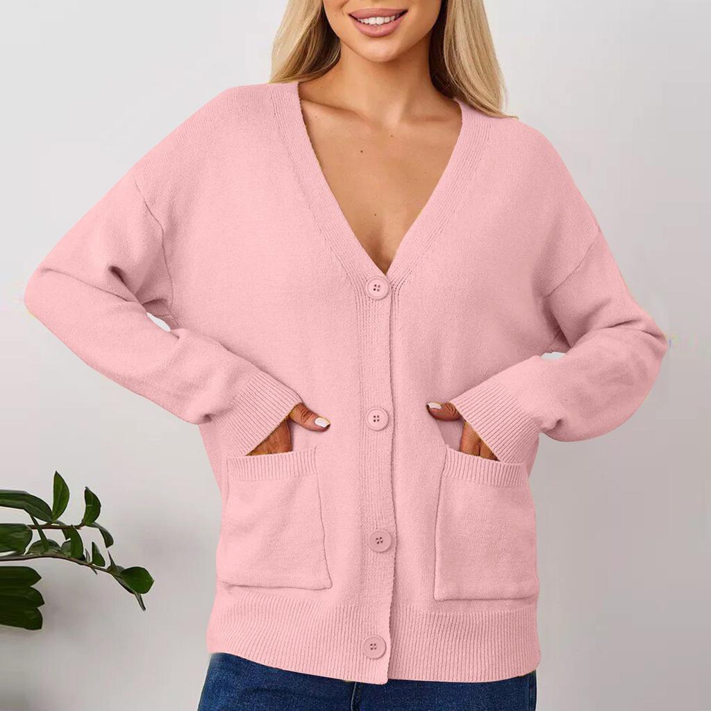 Suéter tipo cárdigan informal de color liso para mujer con bolsillos para abrigo de mujer