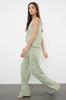 Women's Fashion Mint Woven Wrap Blouse Trousers Top-Bottom Set