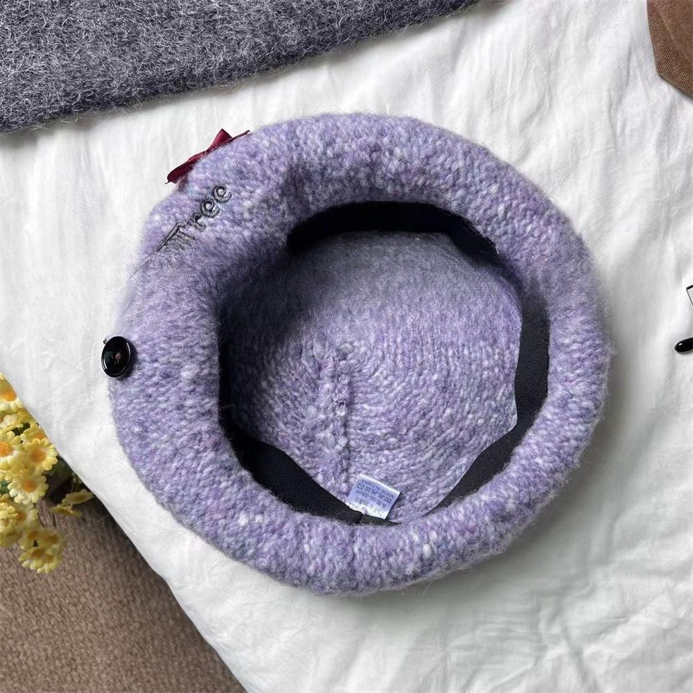 

Niche Design Bow Button Beret Mixed Color Thick Knitted Face Showing Little Painter Hat for Women M（56-58cm）