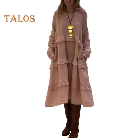 

Женское платье миди с длинным рукавом, свободное многоярусное платье с оборками, повседневное весеннее платье-пуловер с круглым вырезом для отпуска на пляже S розовый