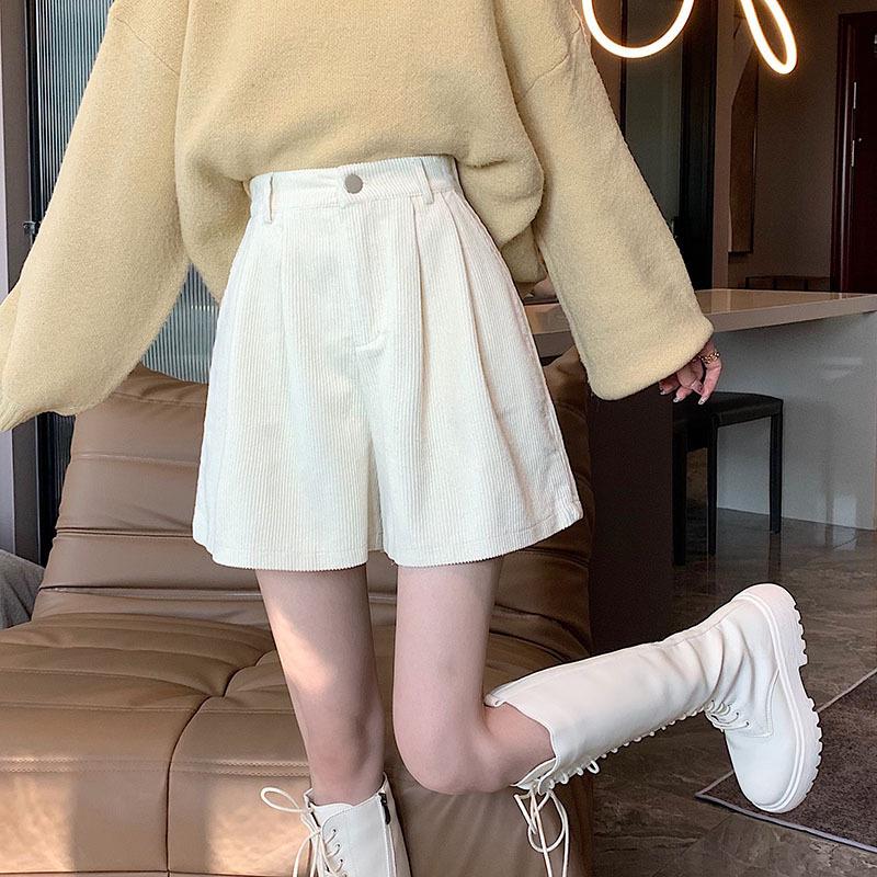 Women's High-Waisted A-Line Corduroy Shorts with Long Boots - Slimming Outerwear for Autumn/Winter, Petite Fit