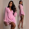 European and American Style Bubble Sleeves High Waist V Neck Long Sleeve Dress, Deep V Design Small Dew Sexy, Temperament Short Skirt
