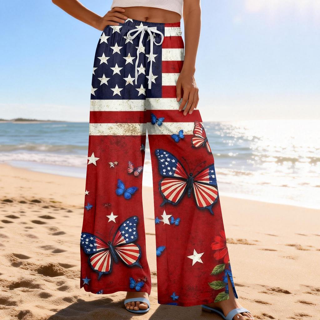 Dámské letní boho palazzo kalhoty s vysokým pasem a širokými nohavicemi, tisk, ležérní kalhoty s kapsami