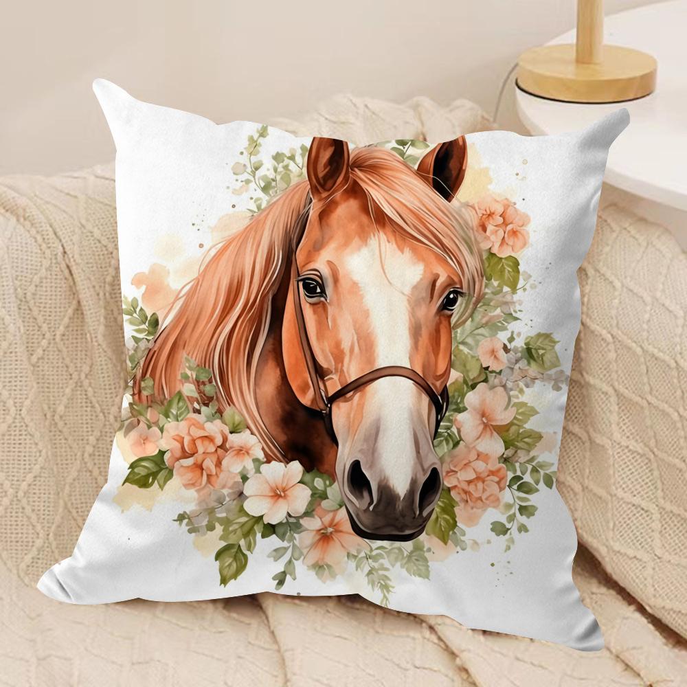 Watercolor Horse  Floral Cushion Cover Soft Plush Fabric DoubleSided Printed Cushion Covers for All Seasons Modern Home Decor