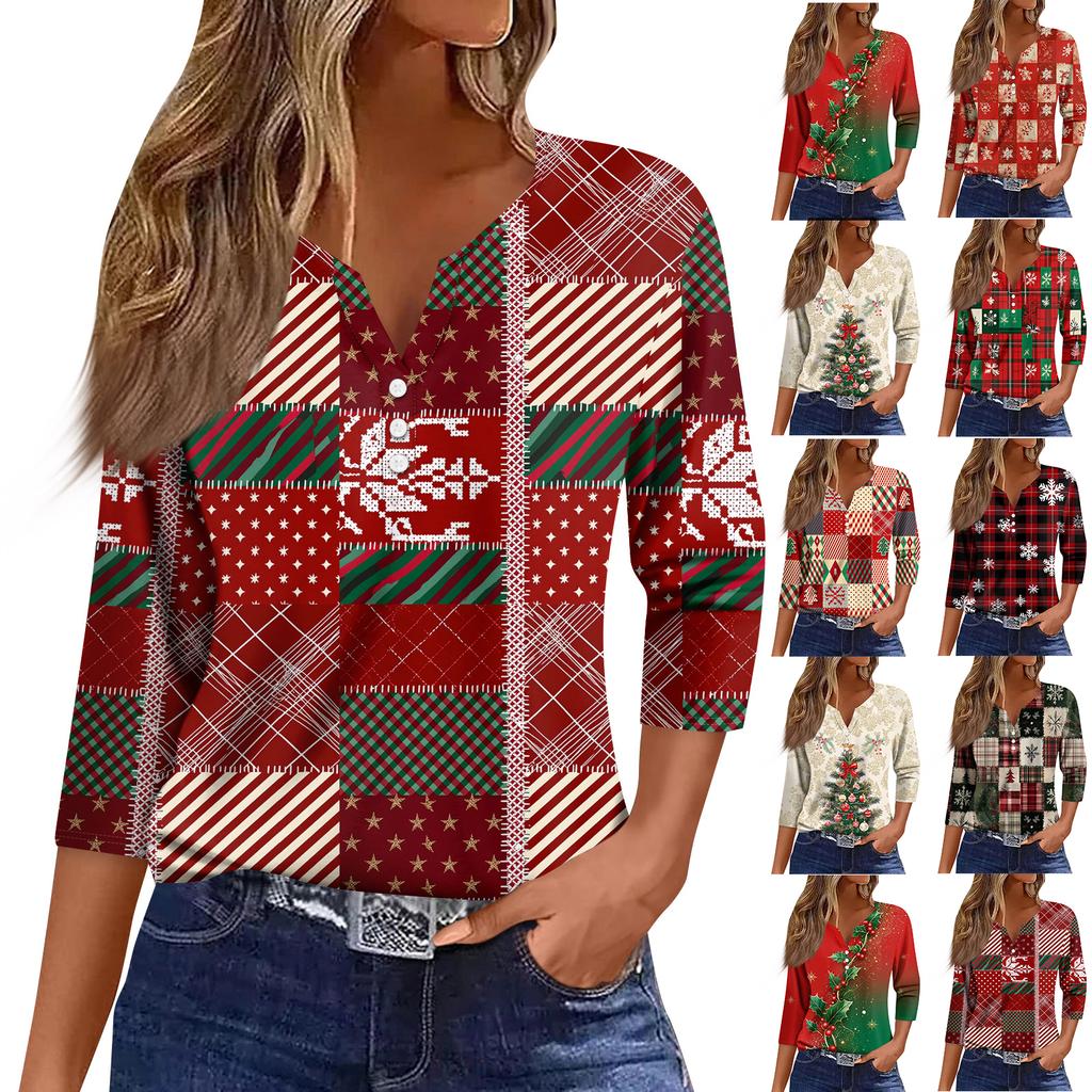 Women's Fashion Casual Three-quarter Sleeve V-neck Floral Print Top