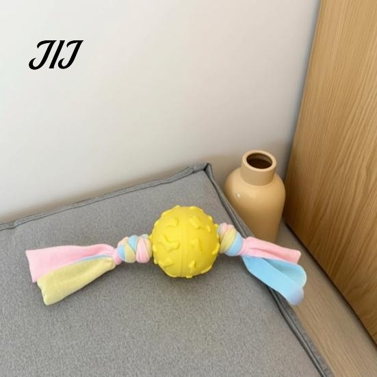 Interactive Pet Training Tool Dog Tug Toy, Rubber Ball Chew Toy with Fabric Strips, Macaron Color Puppy Toys Teeth Cleaning for Small Dogs Dental