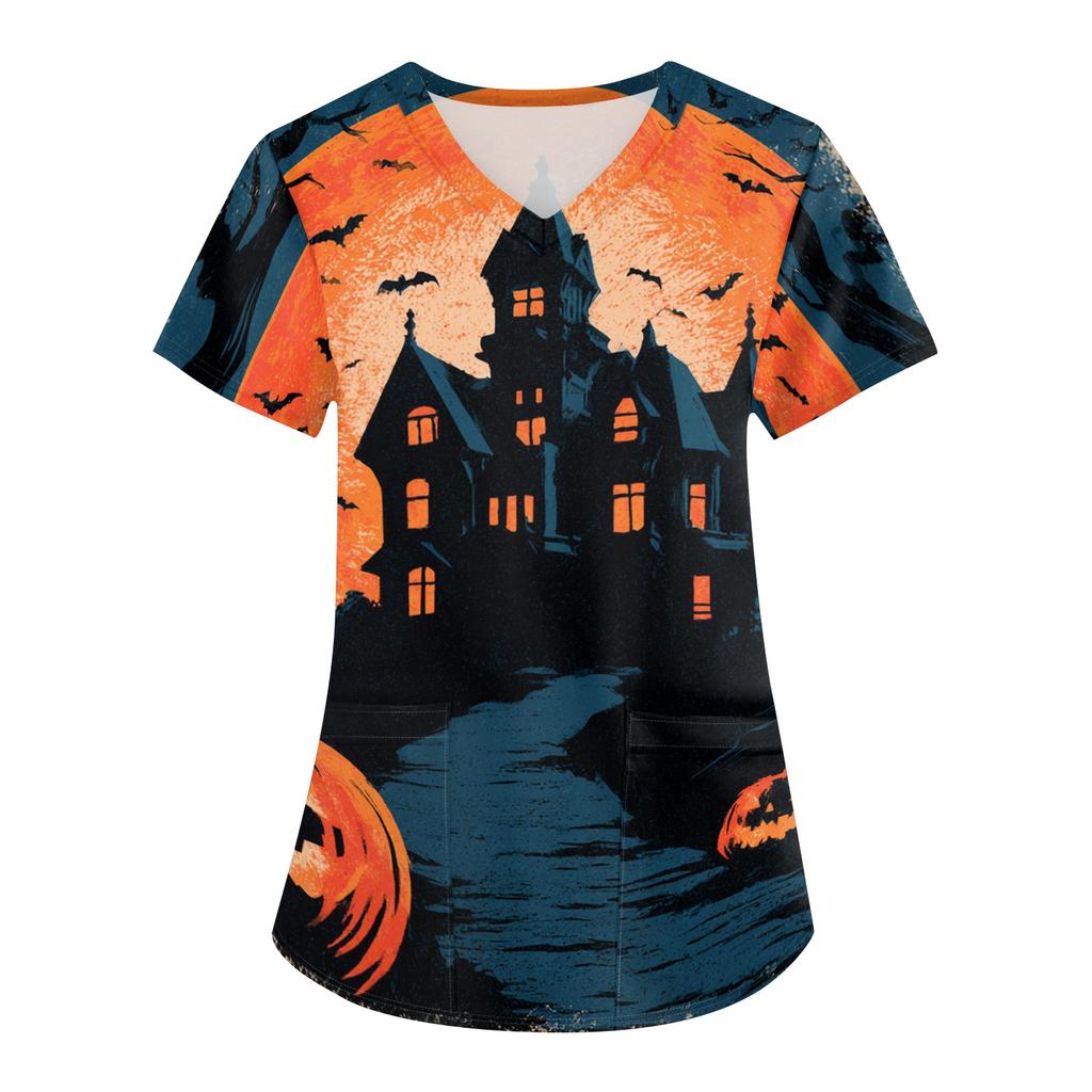 Women's Halloween Printed V-Neck Short Sleeve Scrub Top with Pockets