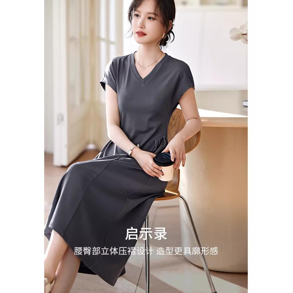 Women's summer casual short-sleeved dress women's summer new three-dimensional pleated design waist and thin V-neck dress
