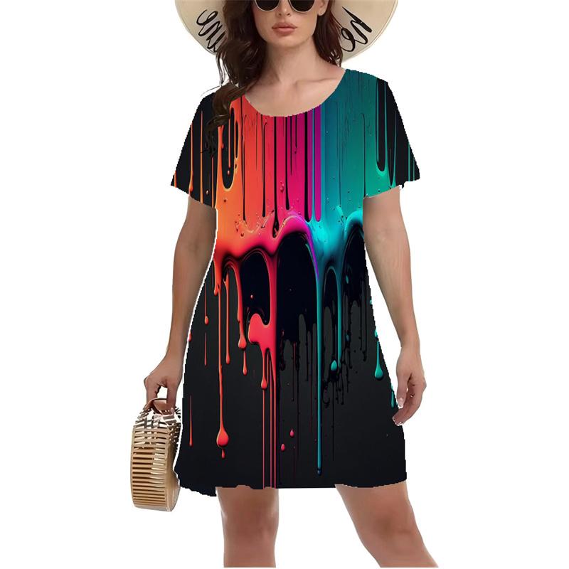 3D Blue Starry Sky Planet Meteor Pattern Print Dress Women Summer Short Sleeve Round Neck Casual A-Line Dress Vestidos De Mujer