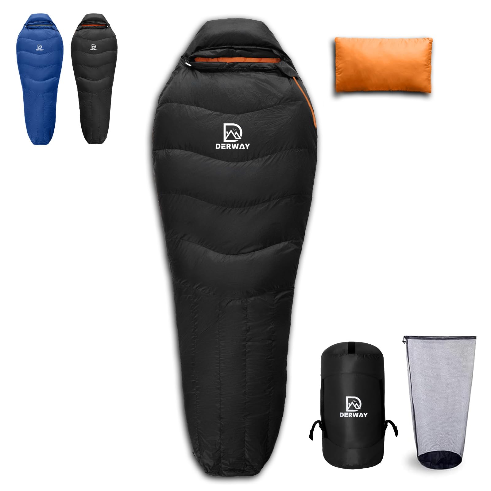 

DERWAY Winter Down Sleeping Bag Wide Mummy 680FP Down to Includes YKK with Storage Ideal for Car Disaster and Outdoor Emergencies 800g Down (22085 чёрный