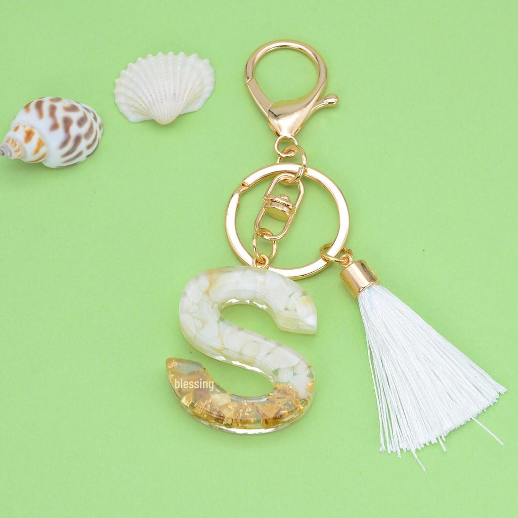Trendy White Tassel Letter Keychain with Crystal Pendant