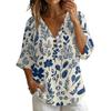 Women V Neck Vintage Floral Print Loose Fit Short Sleeve T Shirt Linen Blend Casual Summer Top
