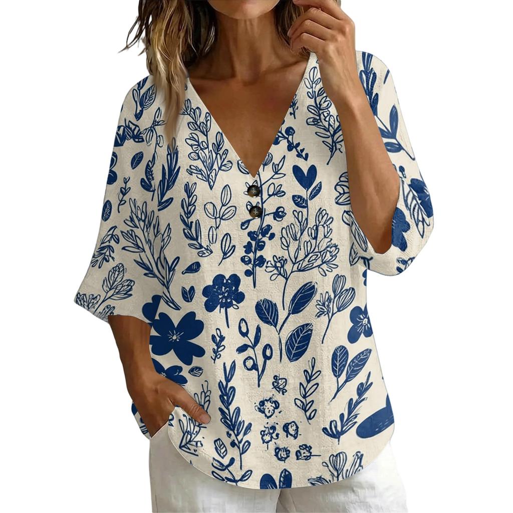 Women V Neck Vintage Floral Print Loose Fit Short Sleeve T Shirt Linen Blend Casual Summer Top