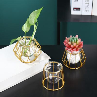 Home Decoration Hydroponic Vase Iron Geometric Pattern Glass Planter Terrarium Metal Holder