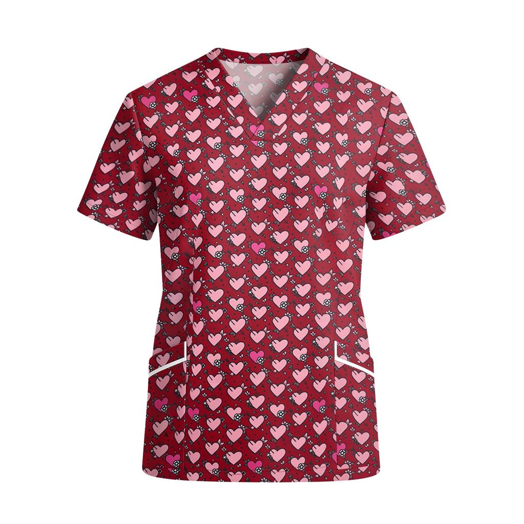 Womens V Neck Short Sleeve Printed Scrub Top with Pockets Animal Pattern Lightweight for Healthcare and Service Professionals