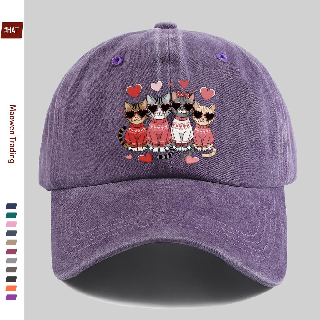 Pc Cat Print Baseball Cap with Heart Eyes Cool Cute Pet Style Printed Sun Hat Hunting Decor Hat Adjustable Strap MultiColo