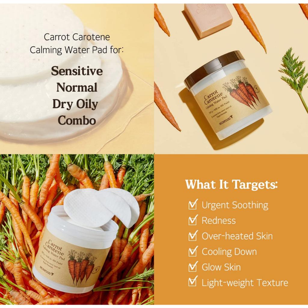 Skinfood Carrot Carotene Calming Water Pad 250g (8.81 Oz.) 60 Sheets- Redness Relief Soothing, Vegan, Cruelty Free, Dermatologically Tested