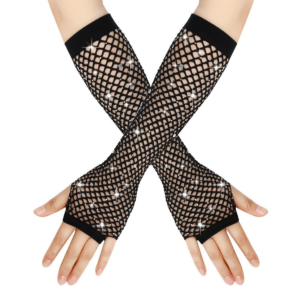 Diamond Studded Elastic Mesh Gloves, Half Finger Gloves