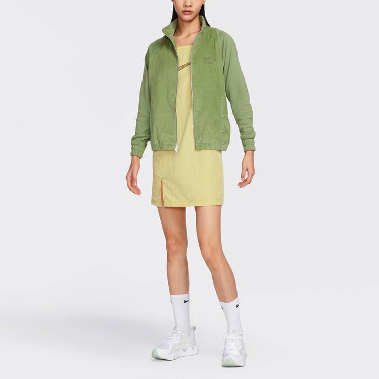 Nike Solid Color Logo Corduroy Full-Length Zipper Stand Collar Jacket Women jackets Green DQ6929-334