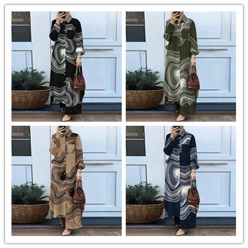 Women Solid Two Piece Outfit Lapel Long Shirt Maxi Blouse Wide Leg Pants Set Elegant Modest Muslim Abaya Suit Spring Daily Wear For Middle East Market