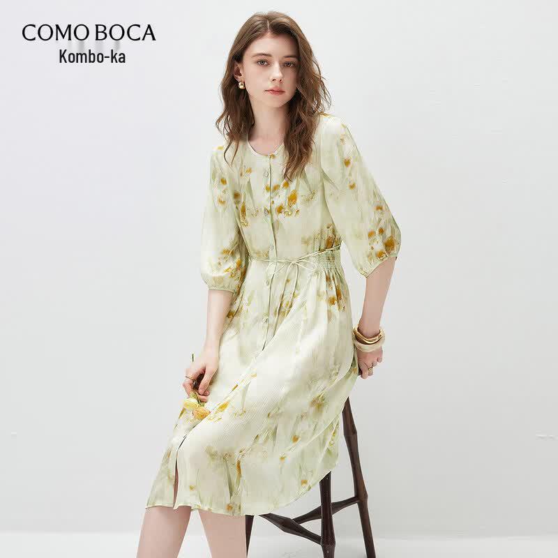 Komong Boca Mulberry Silk Half-Sleeve A-Line Midi Dress S
