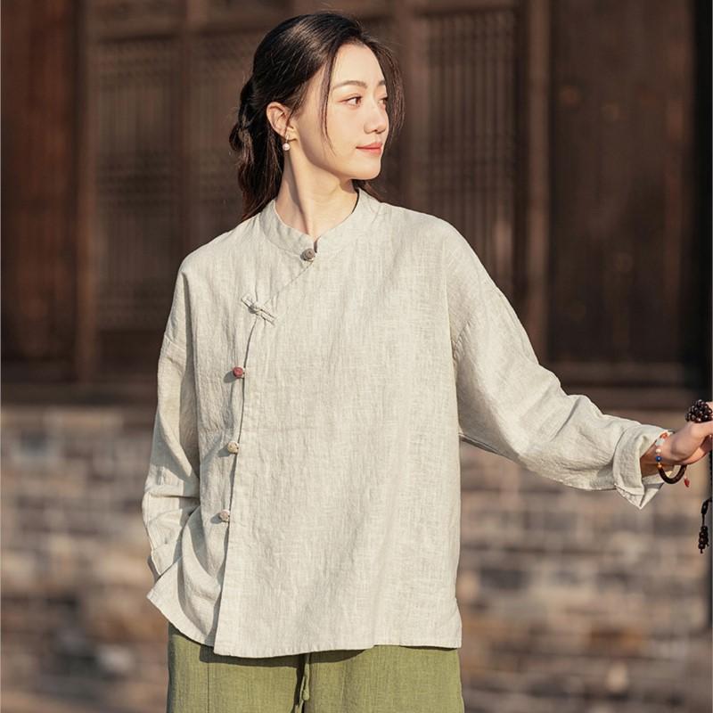 Johnature Women Vintage Shirts Tops Stand Long Sleeve Spring Blouses Button Solid Color Chinese Style Shirts