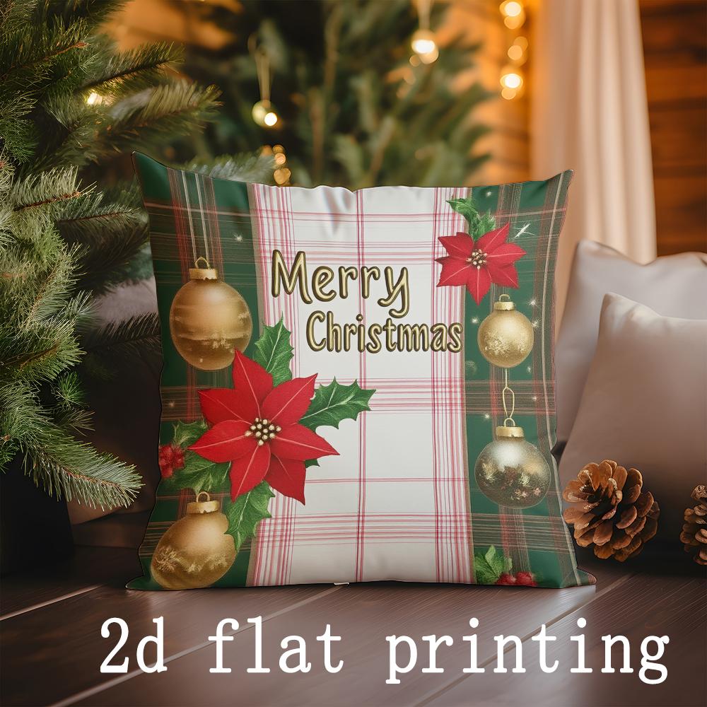 Home Decor Christmas Plaid & Poinsettia Merry Pillow Covers Pattern Cushion Cover Suitable for Sofa Bedroom Car Pillow Cover