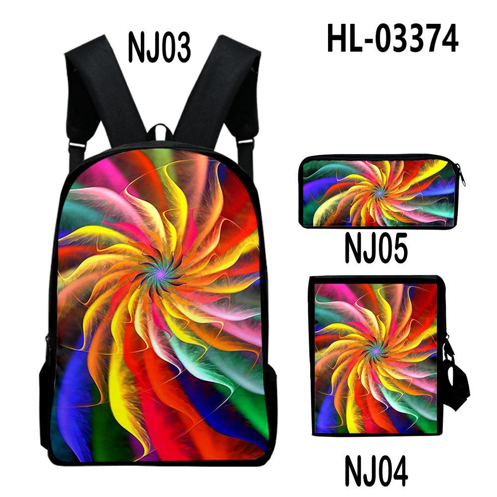 Classic Novelty Creative color blocking 3D Print 3pcs/Set School Bags Laptop Daypack Backpack Inclined shoulder bag Pencil Case