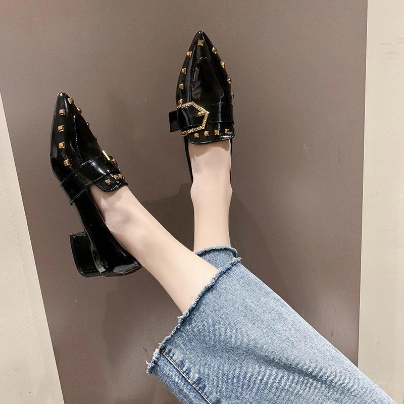 Women's Spring New Slip-on Single Shoes Pointed Toe Block Heel Rivet Metal Buckle Simple Kitten Heel Shoes