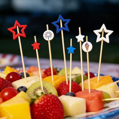 100 Bucăți Scobitori de Bambus, Scobitori Cocktail Stea Roșu Albastru, 12 cm Frigărui pentru Aperitive pentru Burgeri Sandwich-uri Charcuterie Gustări Fructe, Patriotice
