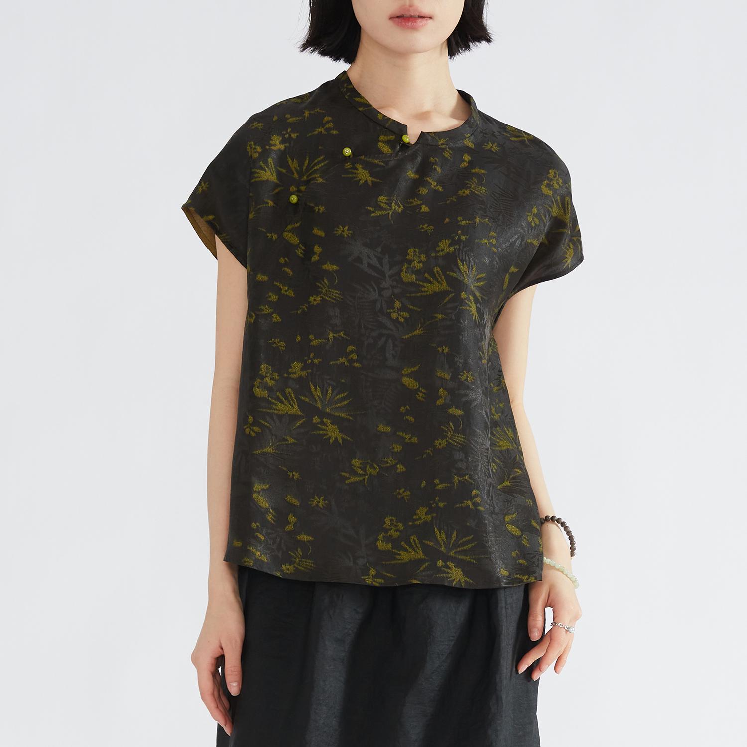 2026 Summer Floral Xiangyun Silk Stand-Up Collar Short-Sleeve Mulberry Jacquard Top Large