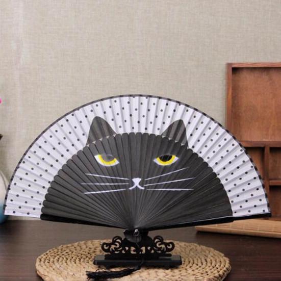 Yousheng Cartoon Cat Folding Fan Japanese Style Wooden Hand Held Fan Portable Summer Fan Decoration Dance Performance Props Party Accessories