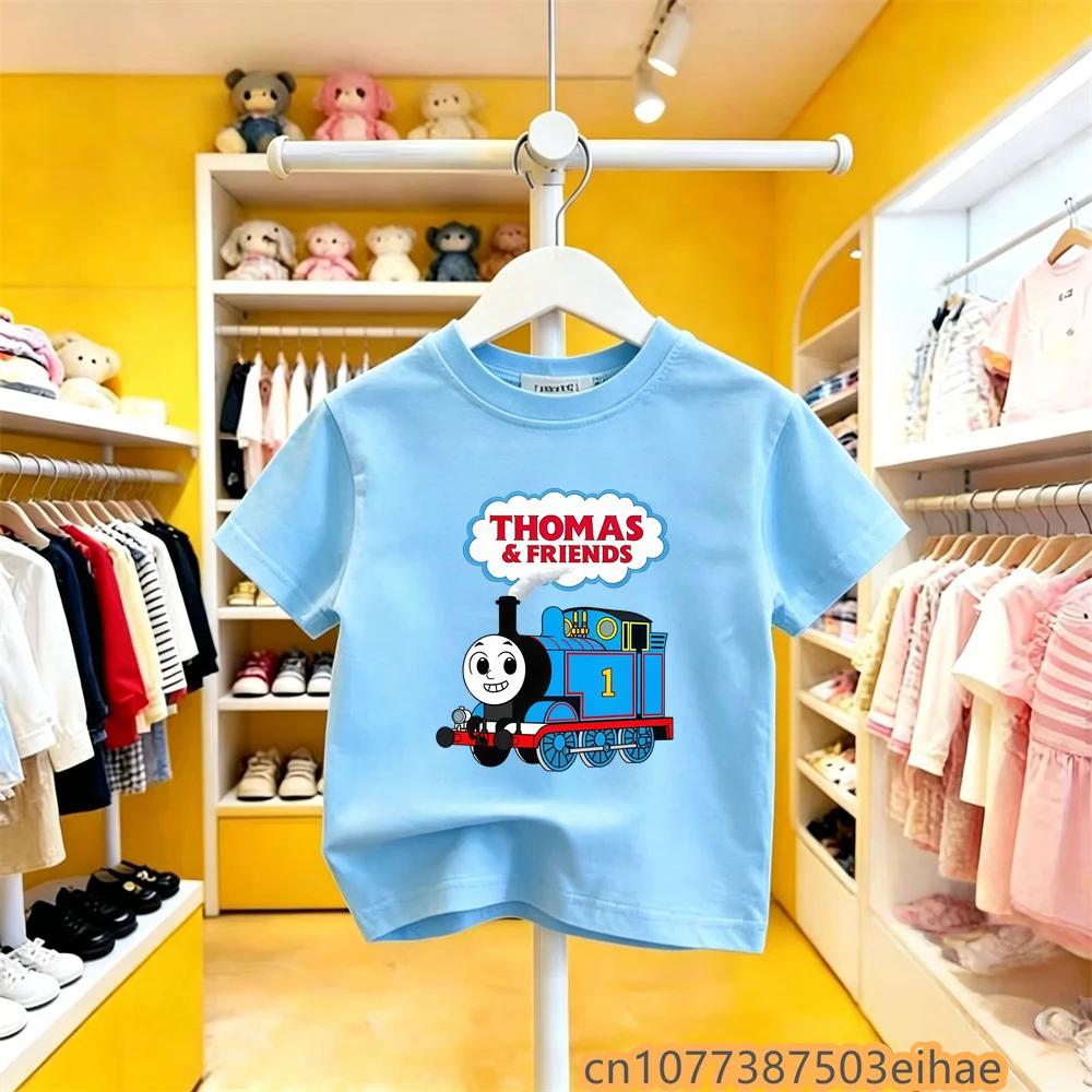 Kids Summer Tshirt Thomas Train Cartoon Print Short Sleeve Pure Y2K Cute Fun Trendy Design Soft Breathable Wear for Boys Girls