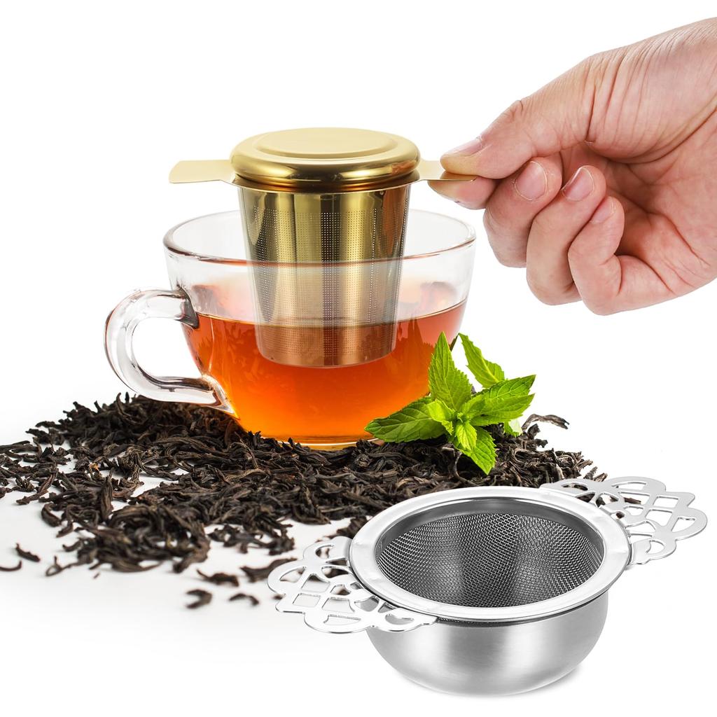uxcell 2-Piece Tea Infuser Filter and Drip Bowl, Loose Tea Steeper, Stainless Steel Tea Strainer for Loose Leaf Tea, Silver